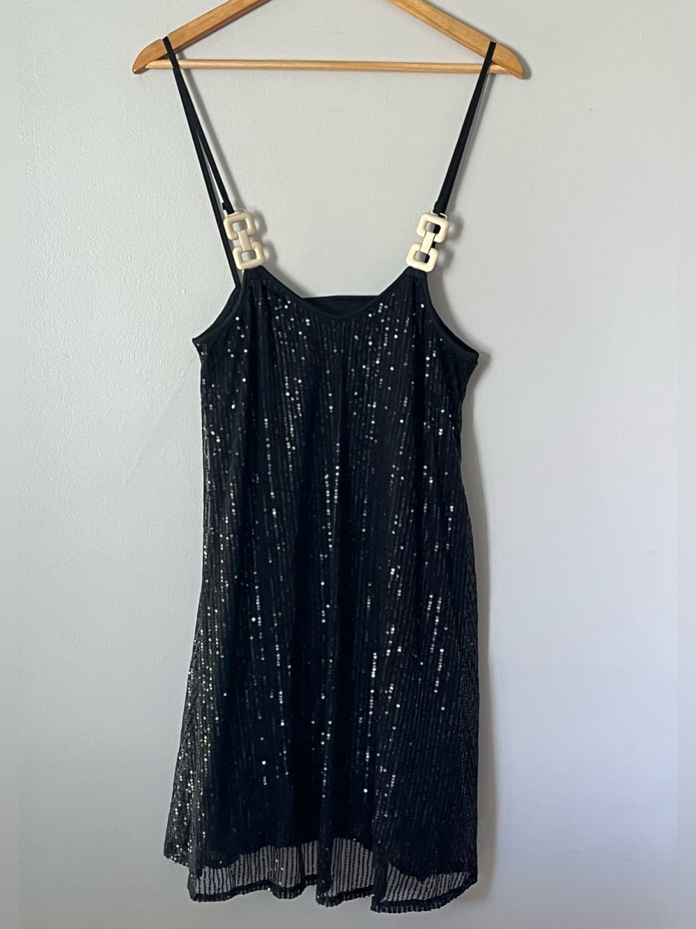 Women Black Sequin Spaghetti Strap Lined Midi Party Dress